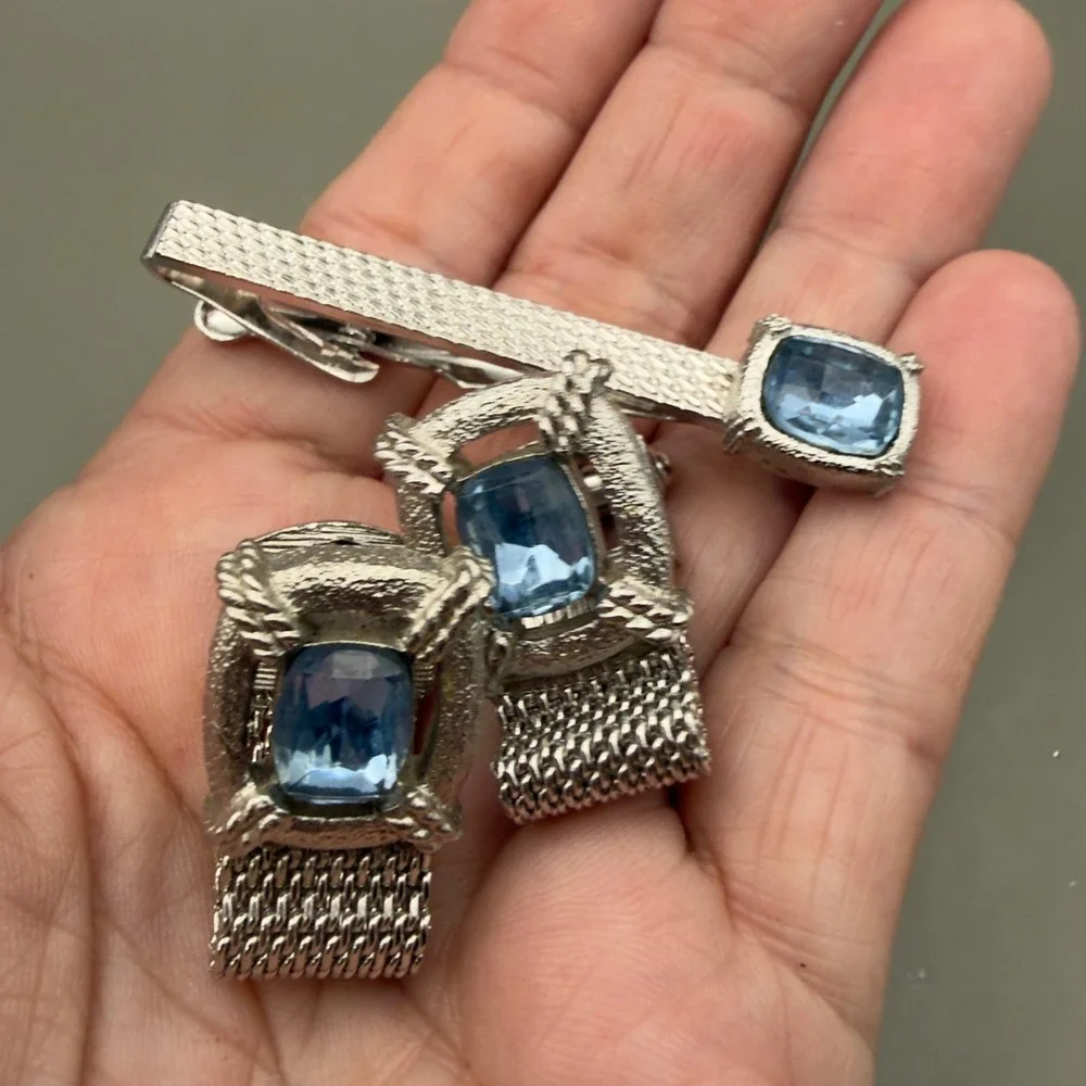 Swank Cufflinks Tie Clip Set Silver Tone Blue Rhinestone Mesh Wrap Men Accessory